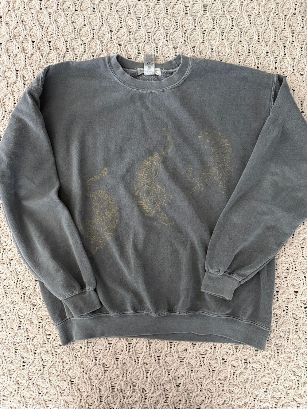 Project Social T x U O Washed Gray Crewneck with Faint Gold Tiger Design